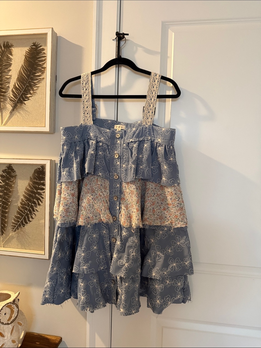 POL Blue Floral Button-Front Top with Embroidered White Flowers
